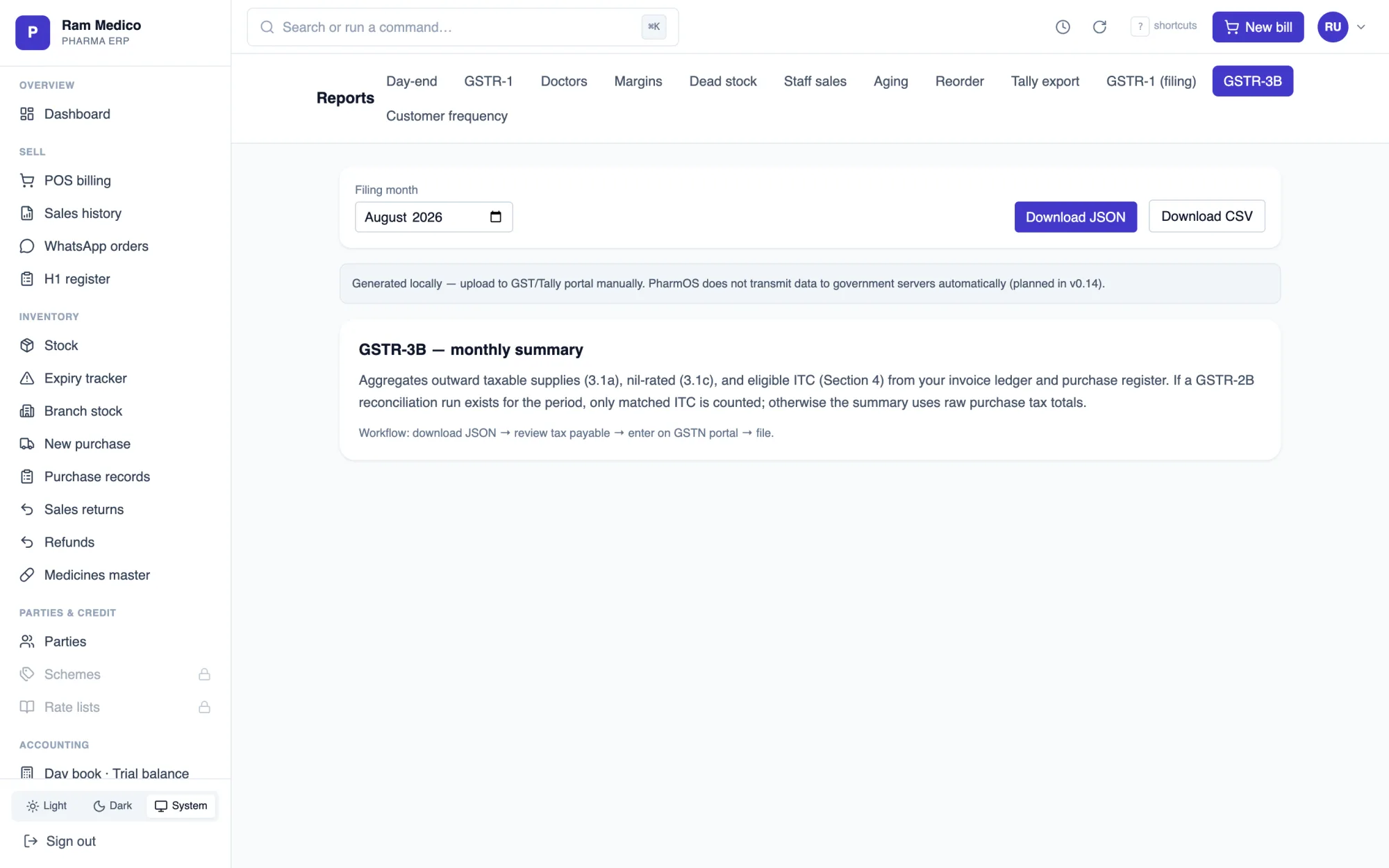PharmOS GSTR-3B monthly summary screen with one-click JSON and CSV download for GSTN portal filing