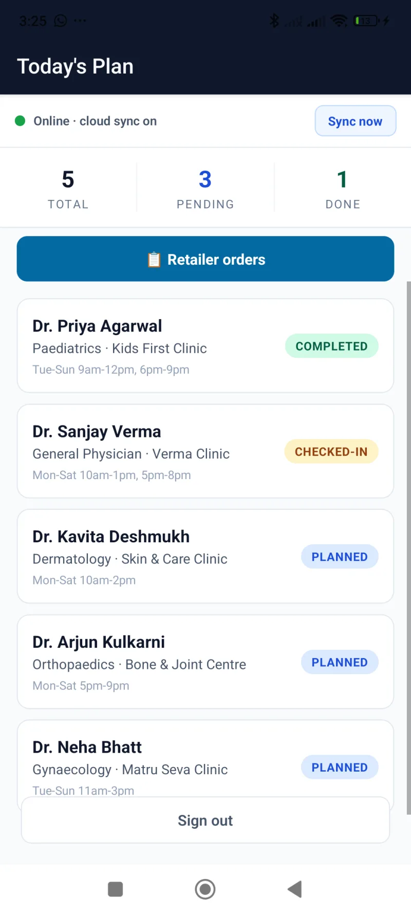 PharmOS MR app Today's Plan — five doctor visits with completed, checked-in and planned status badges