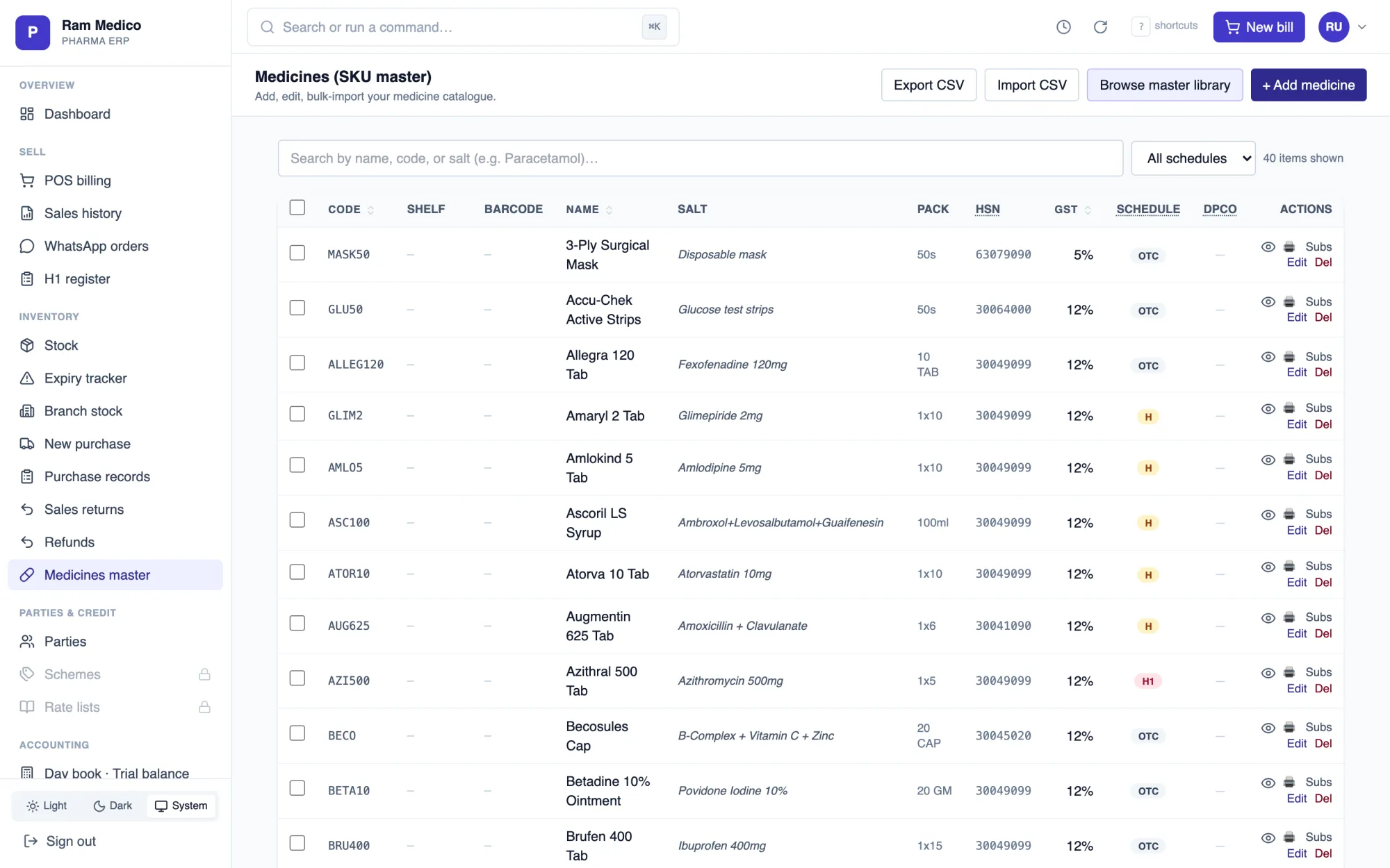 PharmOS medicines master — SKU list with salt, pack, HSN code, GST rate and drug schedule for every item