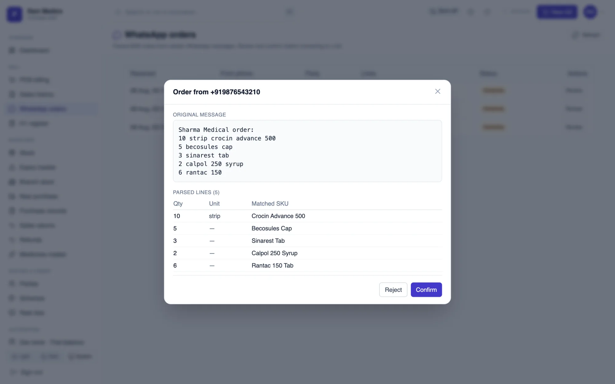 PharmOS WhatsApp order review — raw retailer message parsed into five order lines matched to SKUs with confirm and reject actions